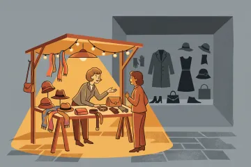 Illustration of a warm, lively market stall where an owner chats with a customer, standing out against a row of identical grey storefronts.