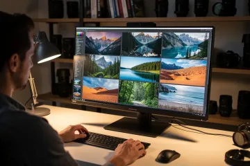 A photographer is seated at a desk, intently reviewing a gallery of landscape images displayed on a desktop monitor, which showcases various stunning visuals. The scene highlights the importance of utilizing a WordPress gallery plugin for organizing and presenting images effectively on a website.