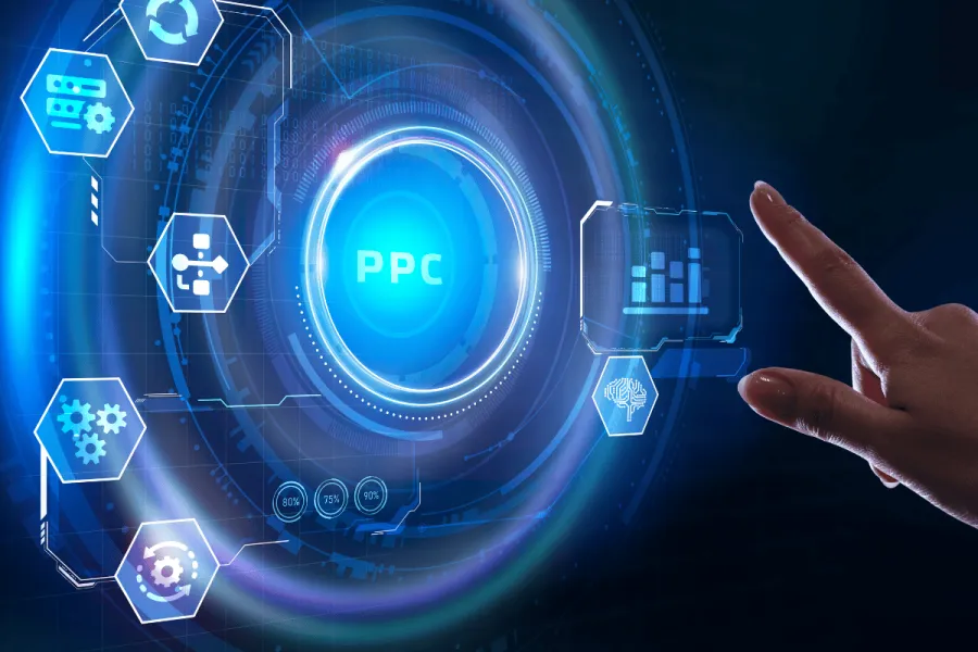 Concepto de negocios, tecnología, Internet y redes centrado en el pago por clic de PPC.