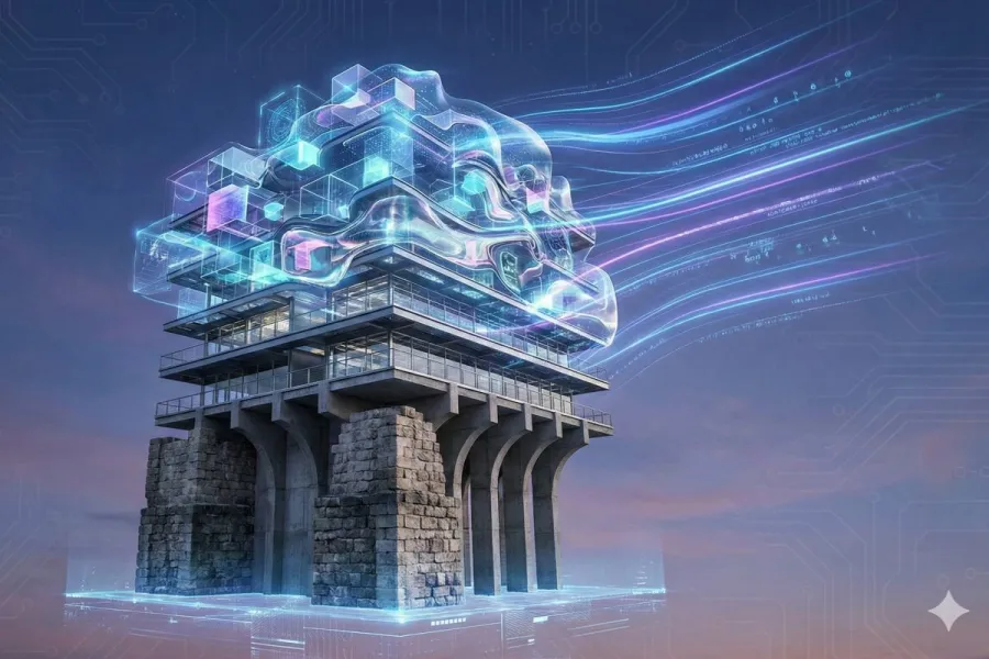A building that is simultaneously ancient and futuristic: This concept focuses on the idea that a website needs a solid structure that can nevertheless be completely renovated on the surface. AI generated image.