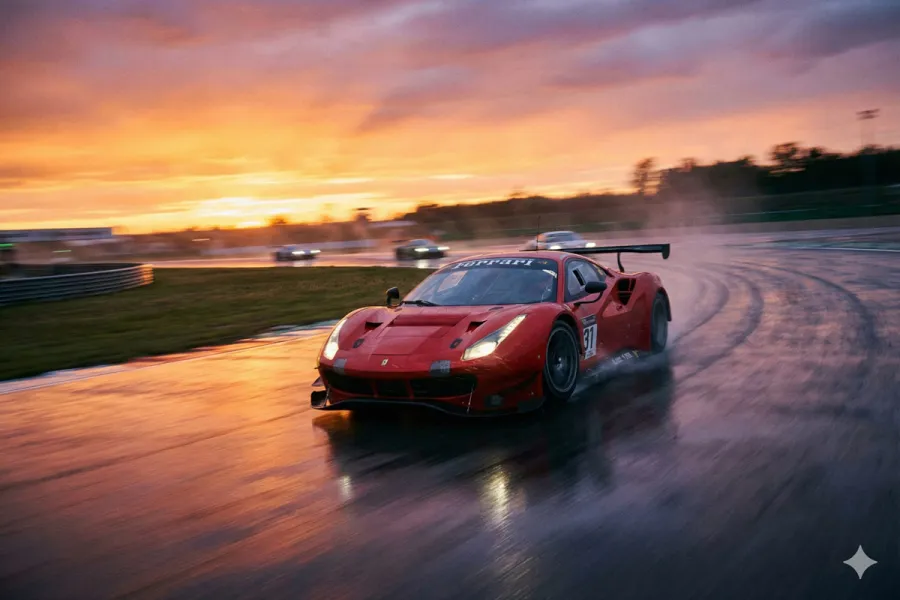 Action photograph of a red sports car on a race track, motion blur, wet asphalt, sunset reflections, low angle, wide-angle lens, dramatic lighting, hyperrealistic - Google Generated Image.