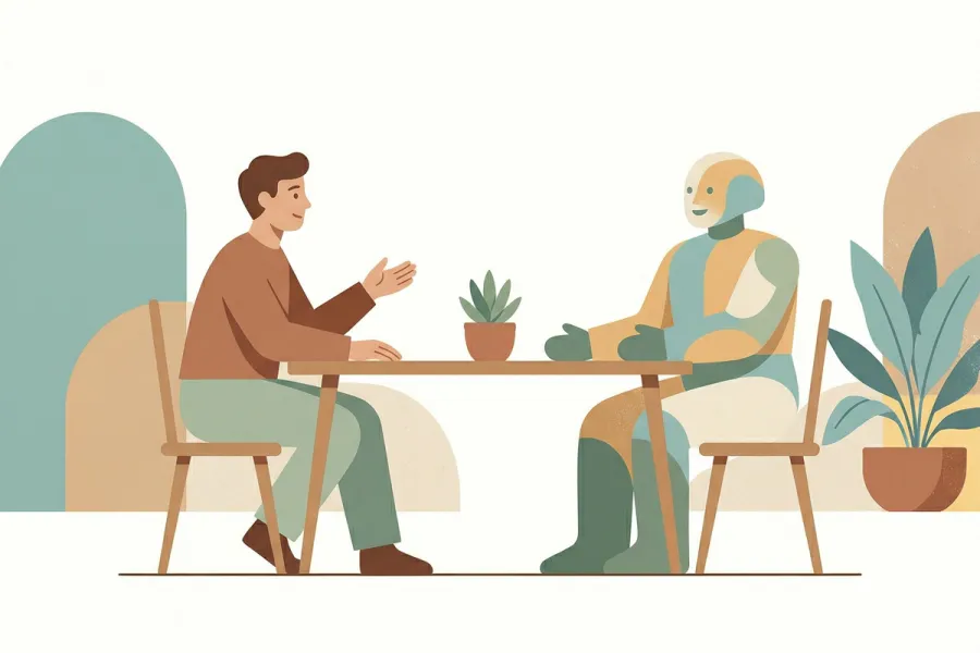A clean, mid-century style illustration in muted earthy tones showing a human and a softly geometric non-human figure sitting across from each other at a simple wooden table. A small potted plant sits between them, suggesting a relaxed and friendly conversation in a peaceful setting.