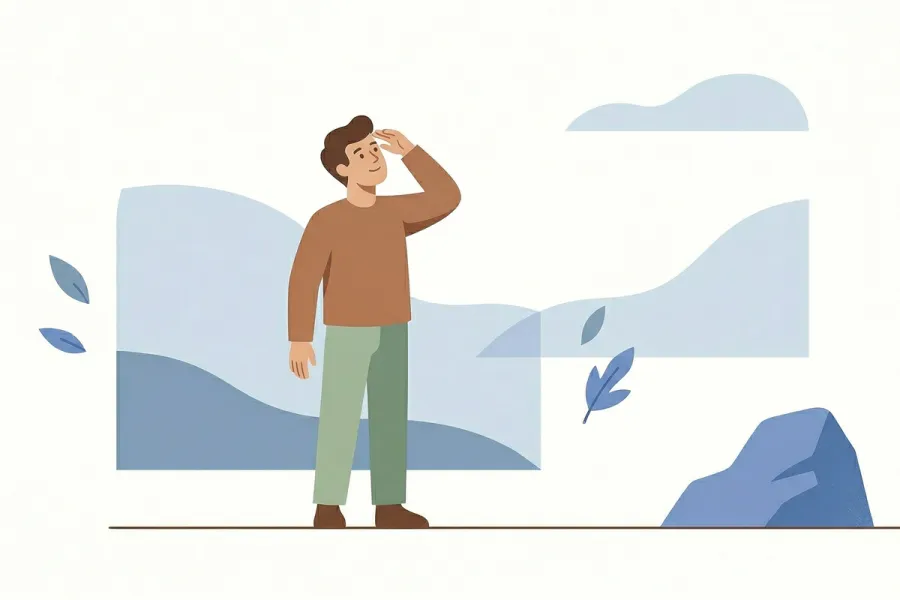 A clean, mid-century style illustration in cool, dusty blue tones. A human figure stands in an airy, open space, looking outward into the distance with a hand raised to their brow, as if getting their bearings. Subtle, abstract shapes suggesting clouds and landscape surround them, conveying a sense of orientation and possibility.