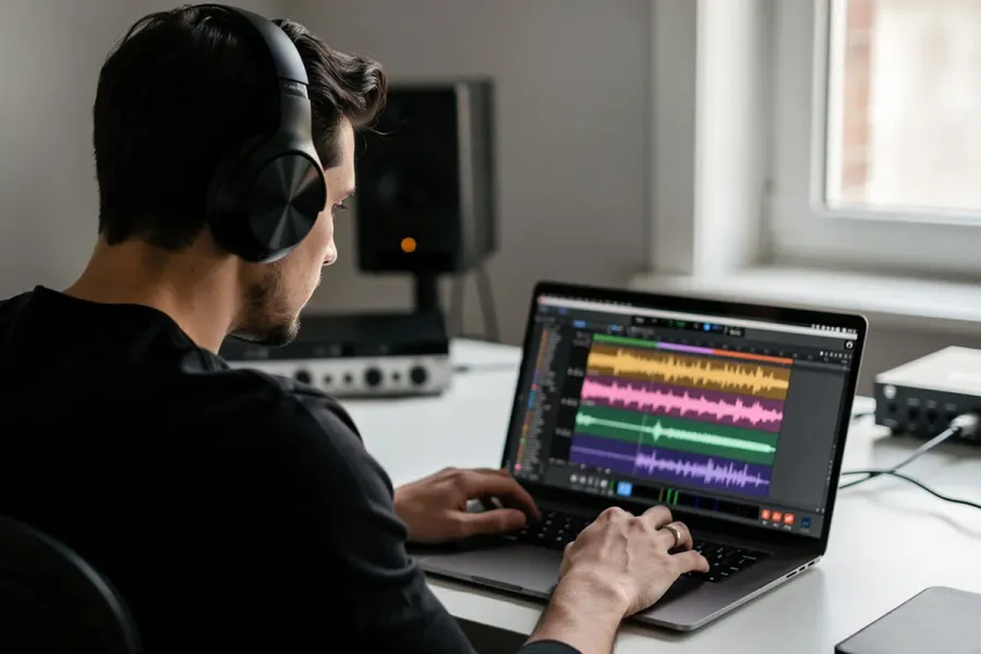 Una persona está editando ondas de audio en un ordenador, usando auriculares cerrados para concentrarse en el contenido de un pódcast. En la pantalla se pueden ver diferentes herramientas de edición, mientras que el ambiente sugiere una dedicación al desarrollo de episodios para oyentes interesados en historias y temas variados.