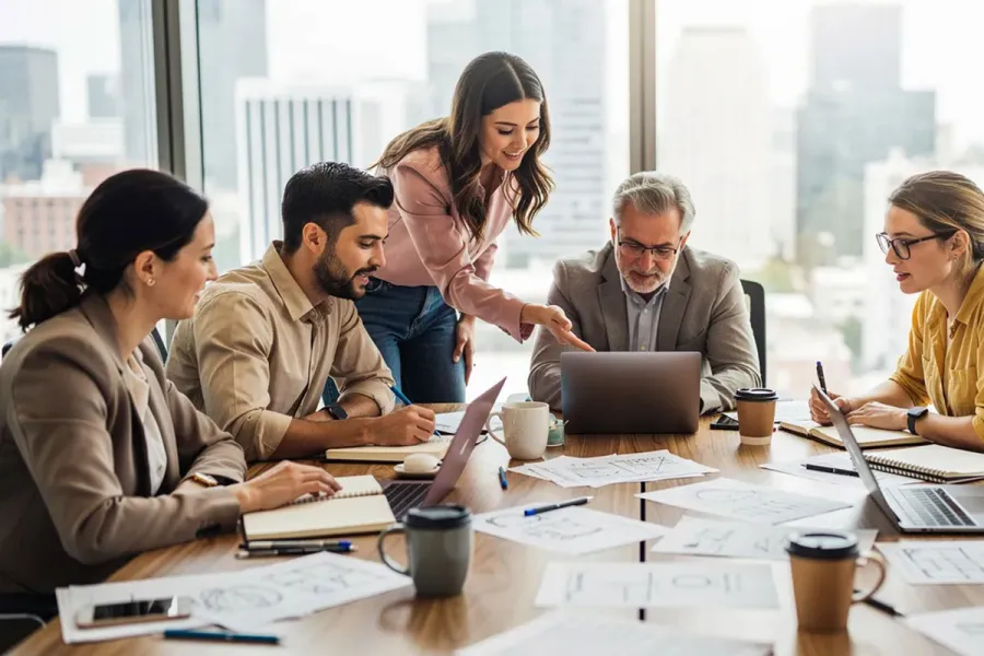 A diverse team of project professionals is gathered around a large table filled with laptops, notebooks, and coffee cups, actively collaborating during a work session. This scene highlights effective project management practices as they discuss project objectives and monitor project progress together.