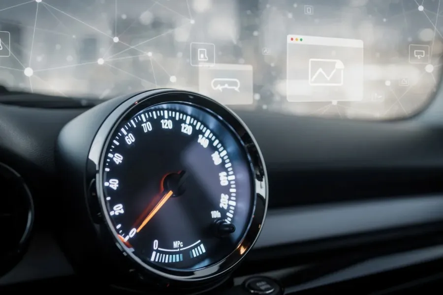 An analog speedometer shows a needle pointing to a high speed, symbolizing a site's optimal web performance. This image represents the importance of using top WordPress plugins—such as LiteSpeed ​​Cache and Yoast SEO—to enhance user experience and content optimization.