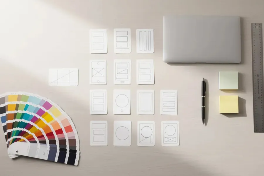 Colour swatches and wireframe layout cards arranged on a desk beside a laptop, pen, sticky notes and ruler